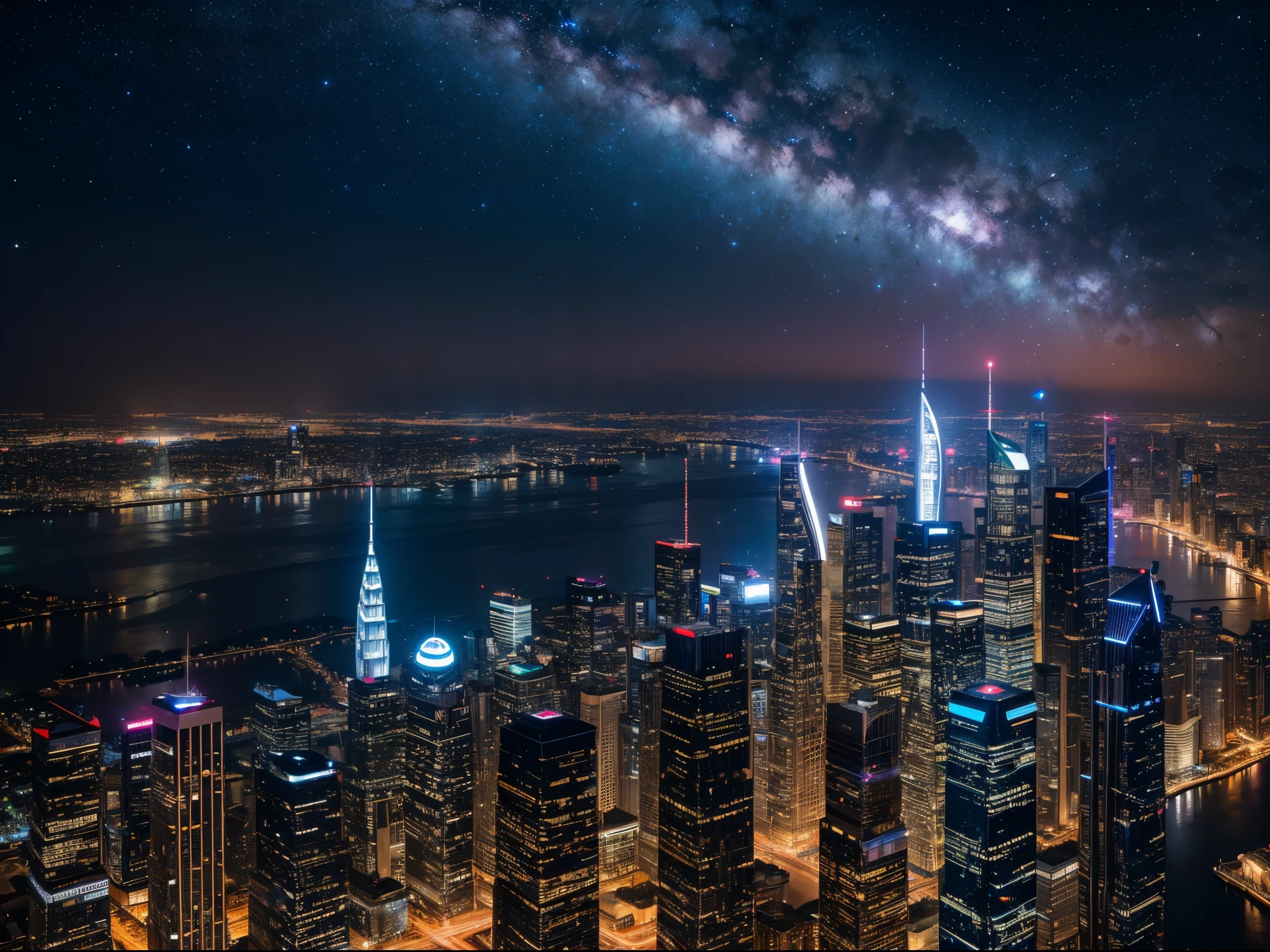 Envision a cityscape set against the backdrop of a distant galaxy. Capture the grandeur of skyscrapers reaching towards the cosmos, illuminated by the glow of distant stars. Emphasize the scale and majesty of this futuristic celestial metropolis.