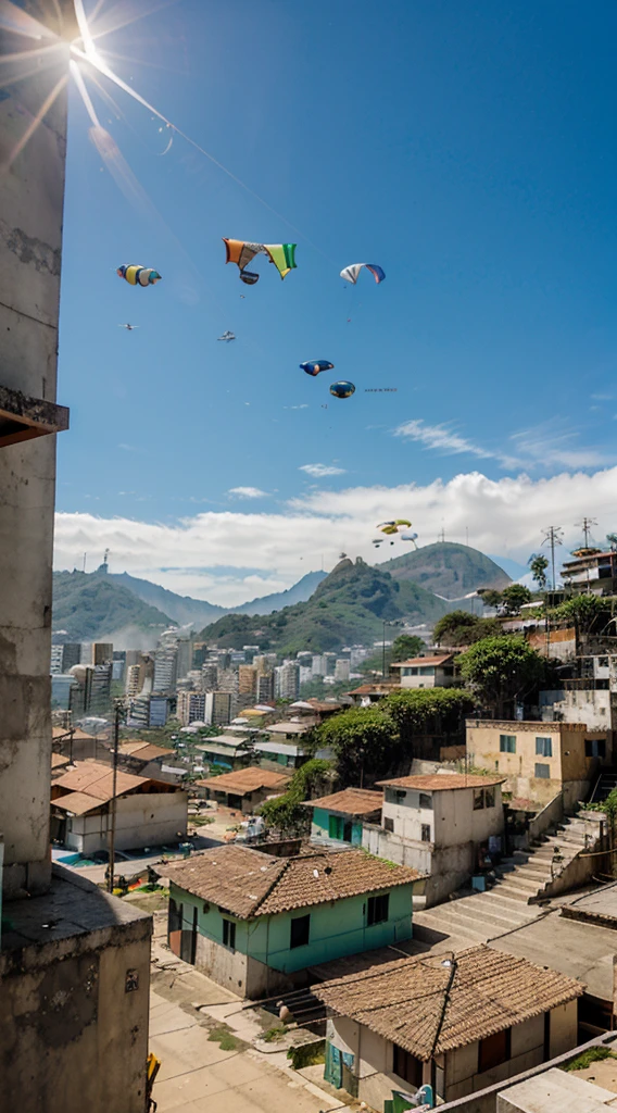 A favela do rio de janeiro vista de cima, in full sun with several kites in the sky