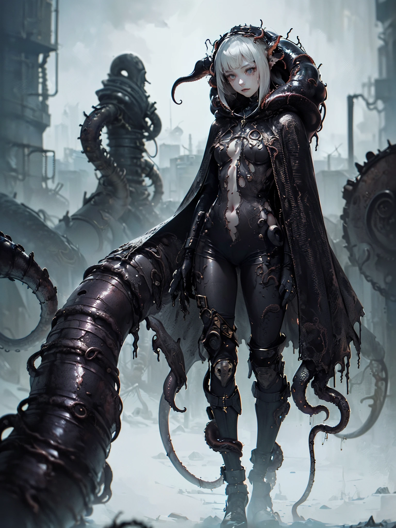 (((gloomy tentacle biopunk))), ((gloomy biopunk girl)), ((closed clothing)), biopunk cape-shaped clothes, closed pose, hands together, cold lighting, abandoned biopunk landscape, (scorn videogame style), horror atmosphere, presence of something terrible, highly detailed biopunk background, background by Hans Giger, perfect anatomy, masterpiece