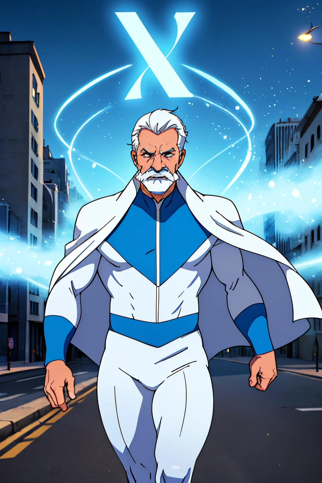 (white-haired old man in white cape, handle bar mustache, wearing skin tight blue suit with a giant L on the chest: 1.2, background in city streets), (blue and white energy particle effects emitting around),