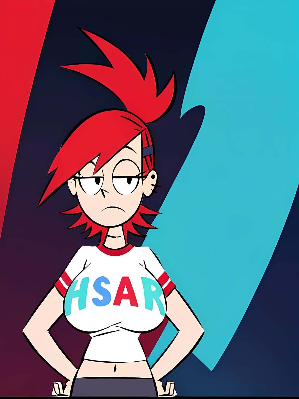 FostersStyle, short miniskirt, white graphic t shirt, big breasts, abstract background, looking at viewer, hands on hips,