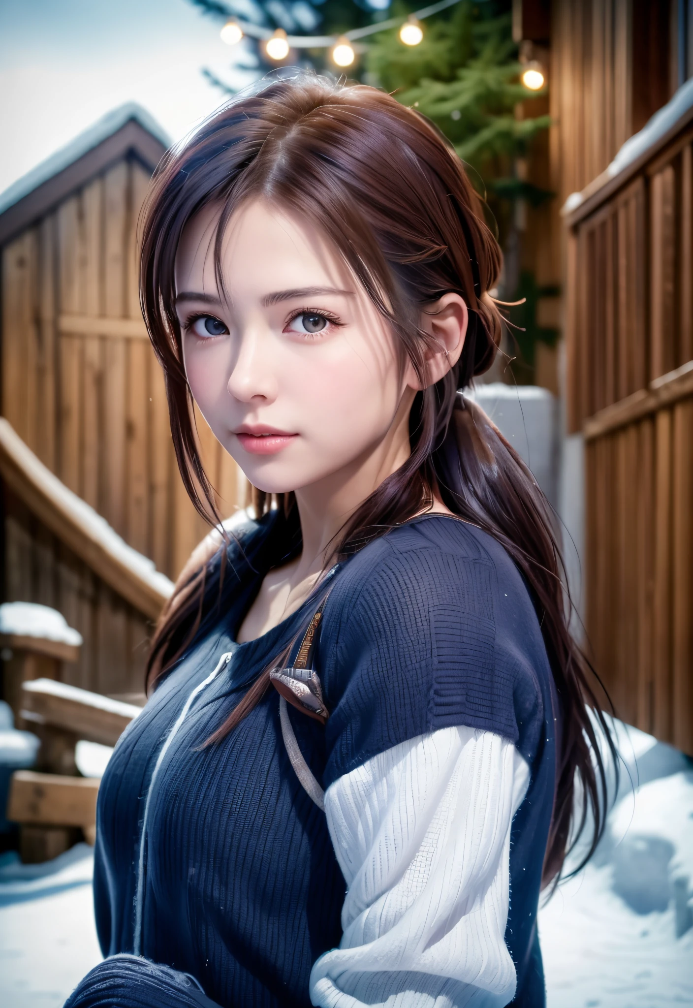 A close up of a woman in a blue sweater and a black jacket - SeaArt AI