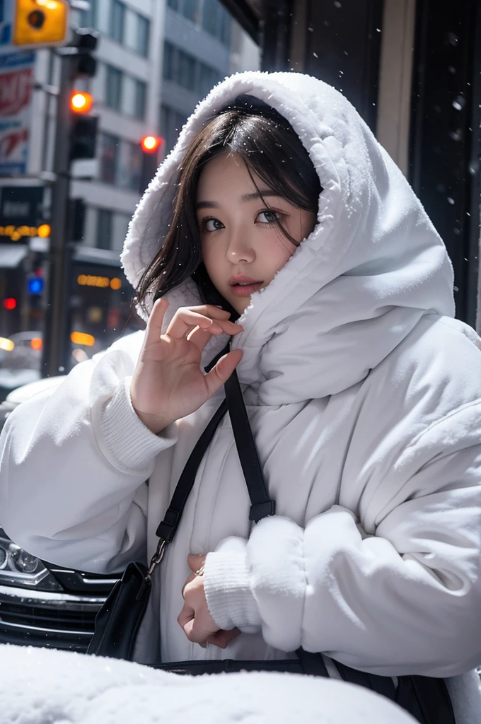 NYC, city, snowing, winter, white male, dark clothes, oversized clothing, portrait, snowfall, male, people waling, crowded city, cars, people, cars driving, people driving cars