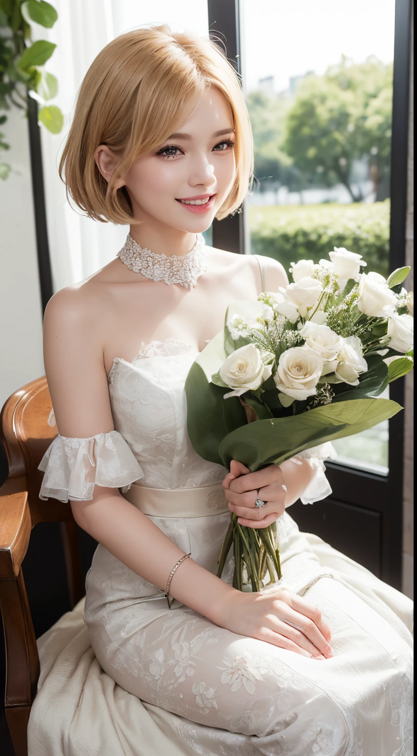 ((top-quality))、 ((​masterpiece))、Matchmaking Photos、florals、Product Sample Costumes、Stand in front of the photo 、Eye Up、Opens mouth and laughs、a short bob、a blond、Flowers in the foreground、Strong bokeh、bustup、sit a chair、bio luminescent、radiant light