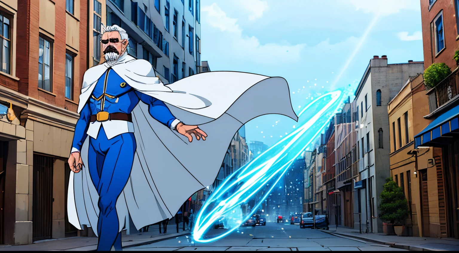 (white-haired old man in white cape, handle bar mustache, wearing skin tight blue suit with a giant L on the chest: 1.2, background in city streets), (blue and white energy particle effects emitting around), (full body), (floating)