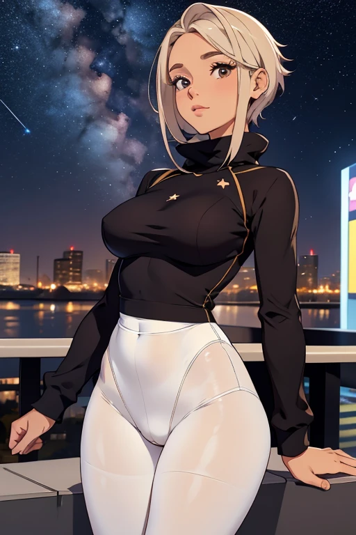 sueter branco apertado,maio apertado , tight pantyhose,ceu limpo a noite com estrelas numa cidade a noite,short curto linda jovem