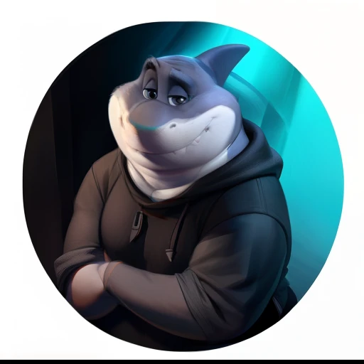 mr shark, plump, fat, belly, black eyes, (pose:1.3), (posing:1.3), (soft shading), 4k, hi res, five fingers, detailed hands, ((detailed face, (detailed eyes:1.0), detailed)), (full body), by zackarry911, by zaush, (by personalami:0.5), looking at viewer, shirt, 1boy, black hooded sweater, hood down showing face, black pants, dark blue shoes, male focus, pants, black shirt, gray sport pants, giant head, huge head, big head