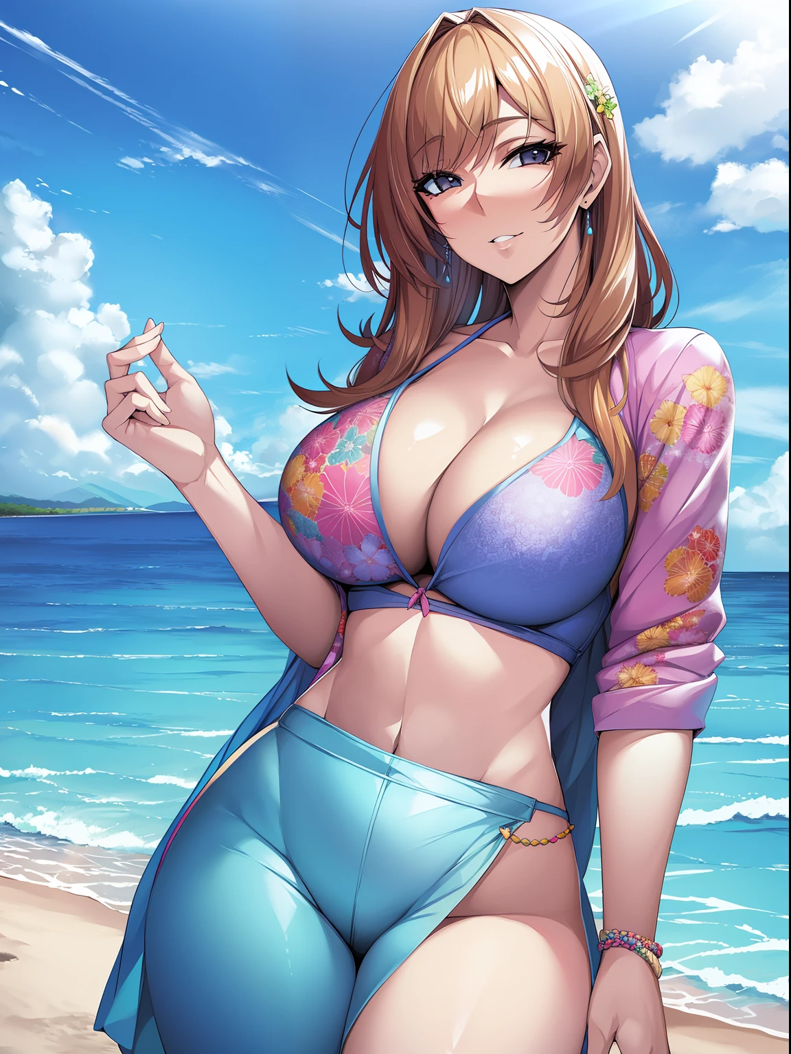 Photorealistic, High resolution, 1womanl, Solo, hips up high, look at viewr, (Detailed face), Colorful Summer Wear, Aloha shirts, Beach
