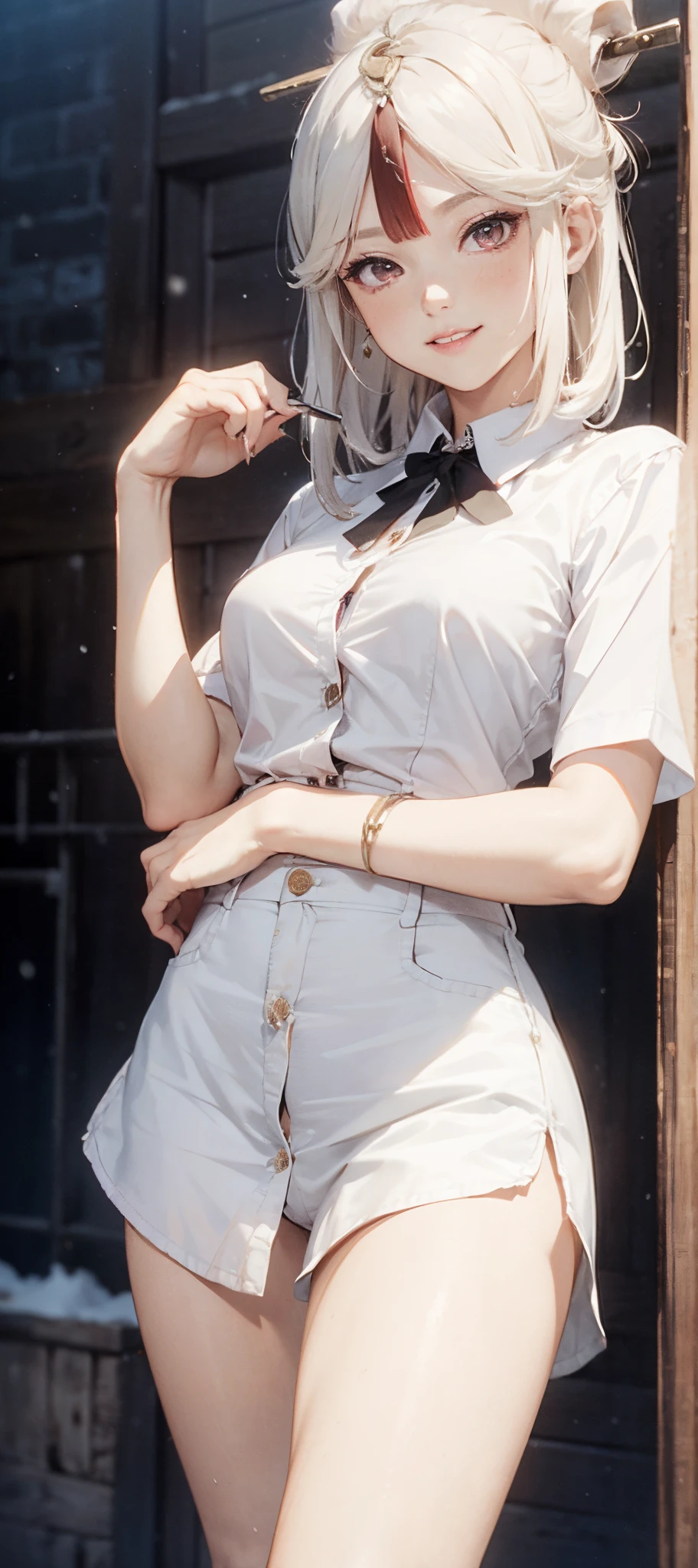 hight resolution、high-level image quality、Real live-action、(8K, top-quality, masterpiece:1.2), (realisitic, Photorealsitic:1.37), ultra-detailliert, 1 girl in、18 year old adult beauty、Arms bare、White lace panties、Detailed panty patterns、panties focus、poneyTail、Sleeveless blouse、Tiny panties、full body Esbian, outside of house, (((Beautiful alignment and snow-white teeth)))、(Adjusted hair:1.5) Officelady, yellow super mini skirt、, denim skirt, (panthyhose: 1.2)、(Short button-down shirt:1.2)、Button Up Color Prim、Button Down Color Prim、bura、(panthyhose:1.2)、Alpha Layer、high-heels、earring beautiful、cute little、独奏、Beautiful detailed sky、(A smile:1.15)、middlebreasts、Eyes in Beautiful Details、Business attire、(short-hair:1.2)、Floating Hair NovaFrogStyle、