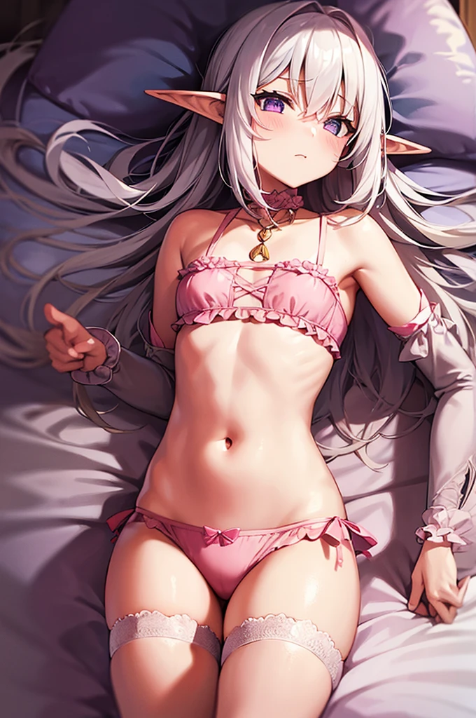 Female elf, Flat chest, pink bra with lace, pink frilly underwear White hair, in bed