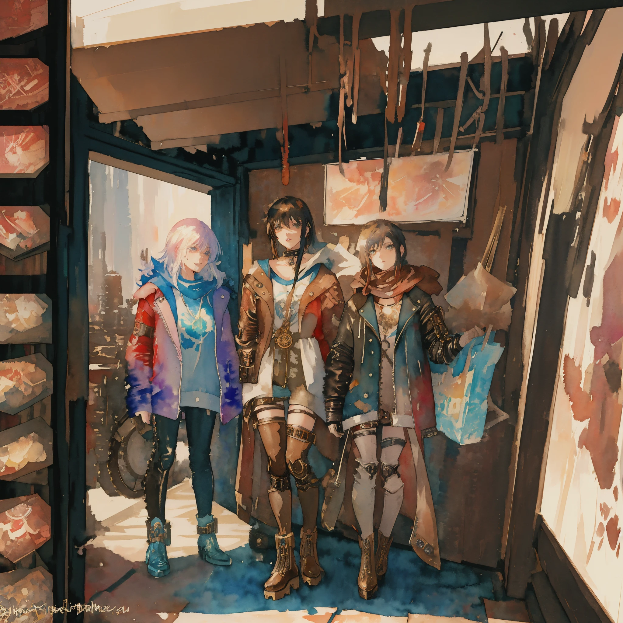 (watercolor, oil on canvas,)here is a woman in a leather jacket standing in a room, steampunk beautiful anime woman, portrait of lady mechanika, like lady mechanika, by Yang J, female cyberpunk anime girl, stunning character art, cyberpunk anime girl mech, high quality steampunk art, cyberpunk anime girl, steampunk fantasy style, steampunk concept art, wojtek fus