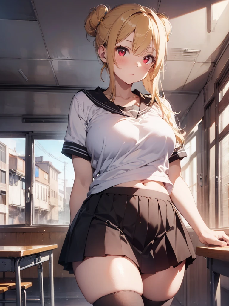 Masterpiece, 8k quality, extremely detailed, one girl, mature female, beautiful woman with blonde hair and red eyes, school shirt, short skirt, hair in bun, thick thighs, small breast, small chest, perfect belly, slightly chubby waist