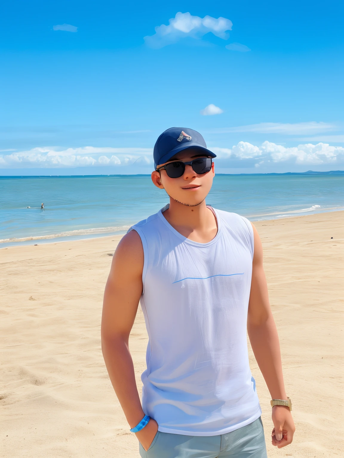 A young man enjoys the beach wearing sunglasses and a cap
