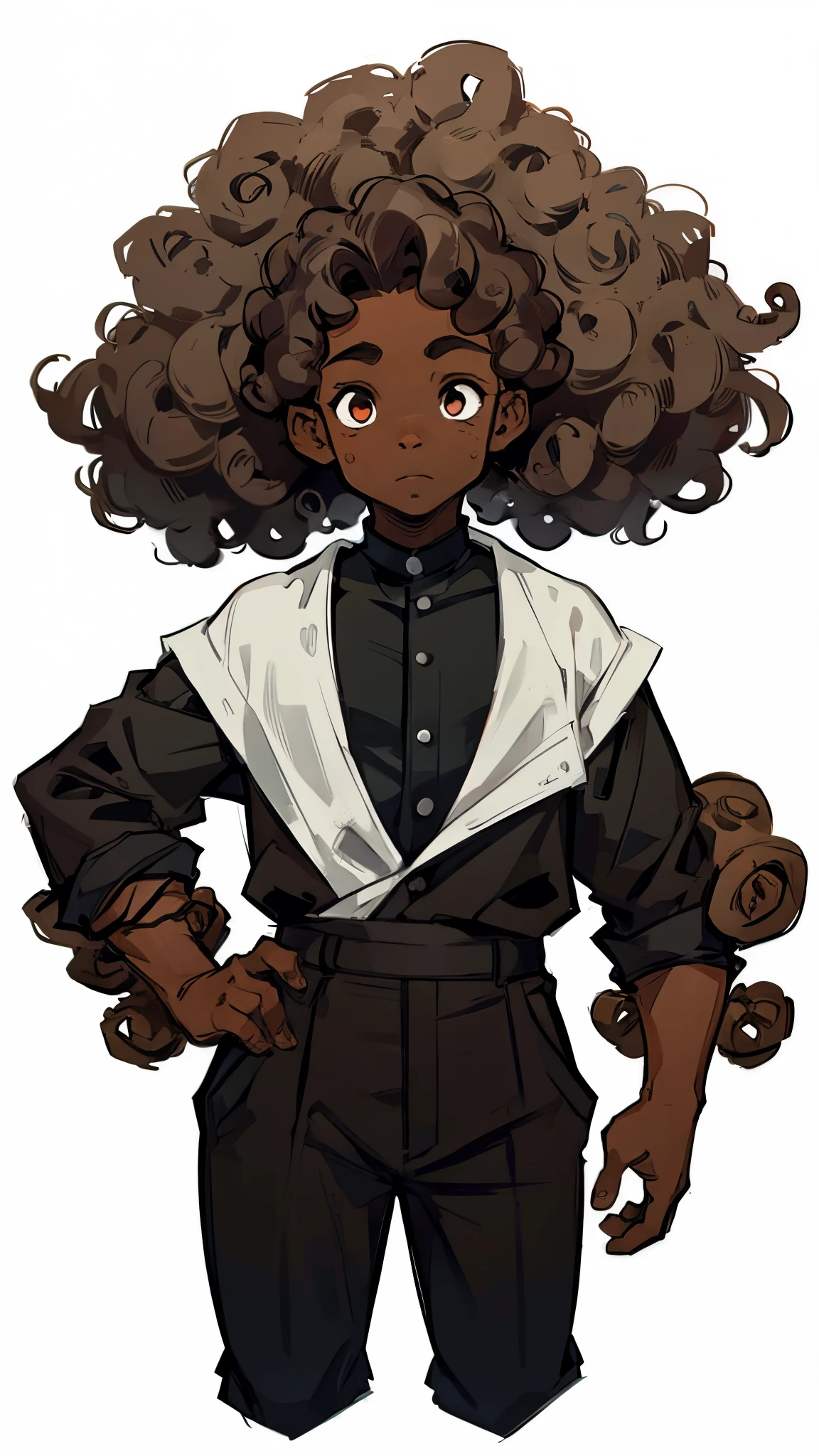 A black man, short and curly hair, normal sized eyes. protagonist of an anime. White background