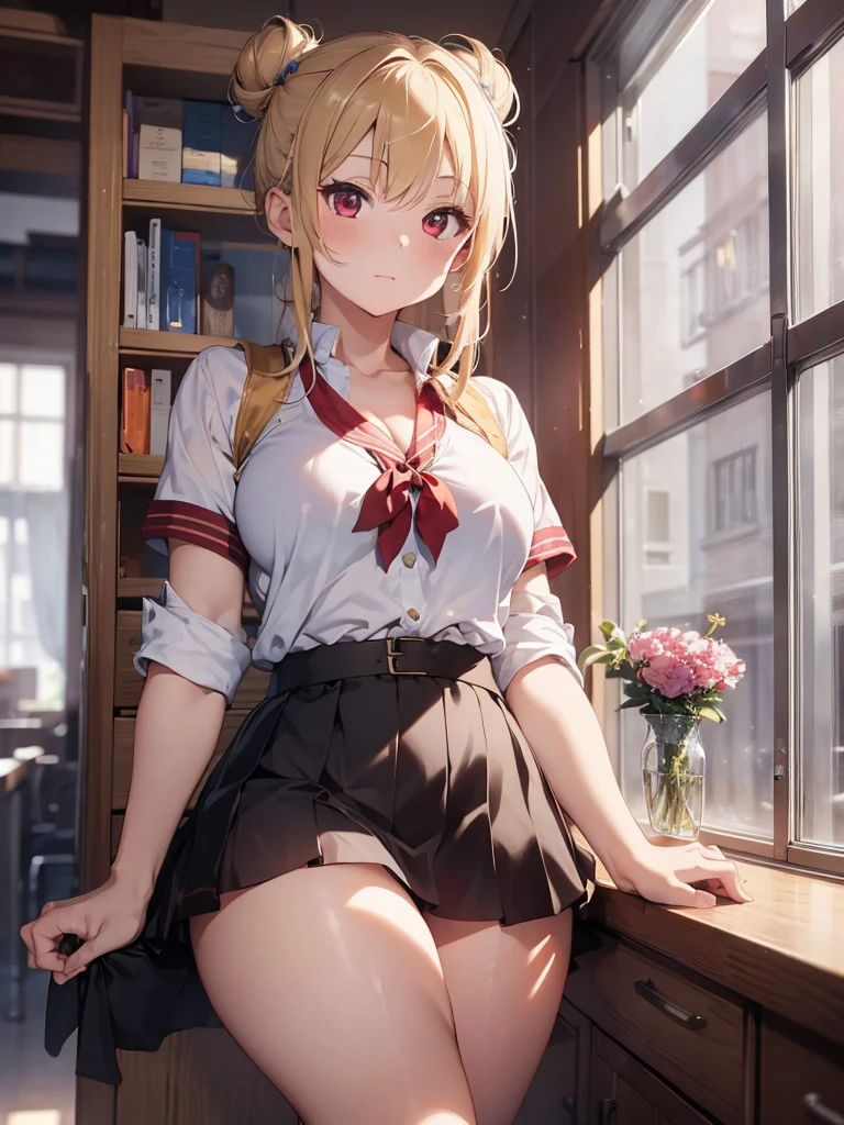 (Masterpiece:1.3、highest quality、Ultra-high resolution、Super detailed)、(Real:1.1、Photorealistic:1.4)、Beautiful illustrations、Perfect lighting、colorful、Border Depth、Beautiful hair in every detail、Beautiful face in every detail、Beautiful definition details、Beautiful clavicle、Beautiful body、Beautiful breasts、Beautiful thighs、Beautiful legs、Beautiful fingers、Show Viewer、1 girl、Japanese、high school girl、Perfect Face、(Perfect Anatomy、Anatomically correct)、Cute and symmetrical face、Baby face、Skin radiance、(Camel Toe:1.5、Shaved:1.2)、Blonde、Asymmetrical Bangs、blue eyes、Long eyelashes、(Chest)、Skinny、(Pull up your skirt、Not wearing underwear、No underwear:2、No bra:1.5)、((Collared short-sleeved shirt、White shirt、White panties、)Grey plaid pleated skirt、There is nothing attached under the skirt))、(Beautiful views)、noon、(classroom、distant cityscape)、Are standing、(She's pulling up her skirt herself:2)、(Cute smile、Blushing、Looking up、Open your mouth)、 (White knee socks:1.5)、hour々squat:1.2、Stick your fingers in your:1.2、