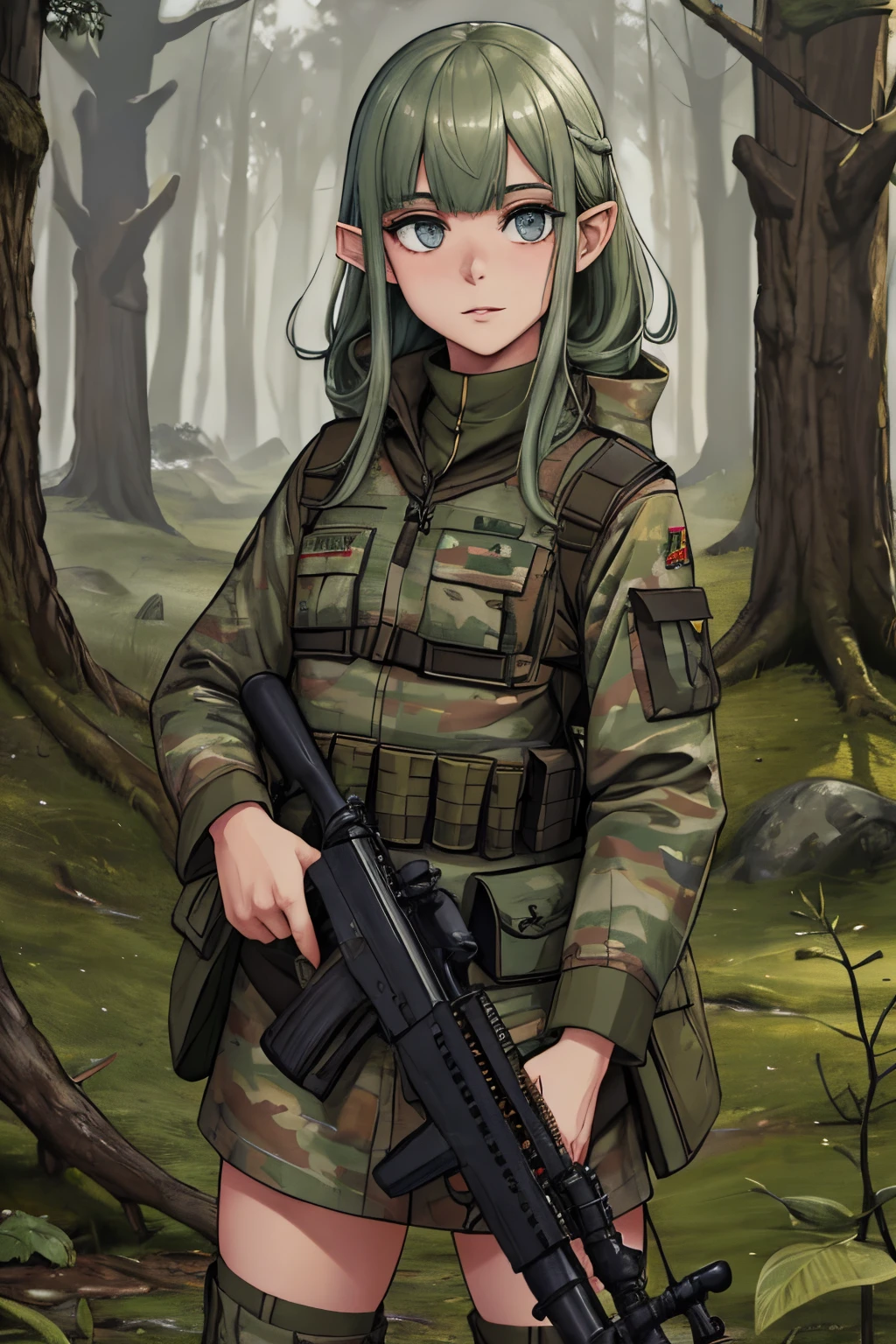 Soldado elfo femenino, vistiendo el camuflaje del bosque manchado Uniforme militar de camuflaje, Uniforme militar ruso, ojos detallados, Manos detalladas, Cara detallada, cabello detallado, (elfo con pelo de gonden), corte de pelo trenzado, sosteniendo un rifle de francotirador, Fondo del bosque