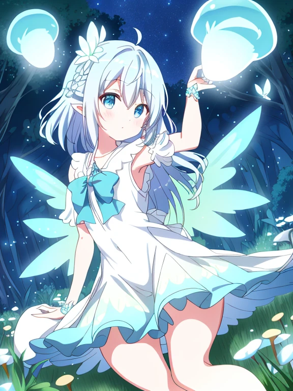 masutepiece、​masterpiece、top-quality、ultra-detailliert、hight resolution、 hight resolution、8K Portrait、Unity 8k Wallpapers、extremely details CG、Unity 8k壁纸、Highly detailed CG Unity 8k wallpaper、In a moonlit mystical forest, a fairy sits gracefully atop a bioluminescent mushroom. Her translucent wings glisten in the moonlight, resonating with the light emitted from the surrounding mushrooms. Tiny luminous sprites flutter around her, twinkling like stars, enveloping the entire forest in a fantastical light. In this tranquil night, the gentle harmony between the fairy and nature soothes the hearts of those who venture here.