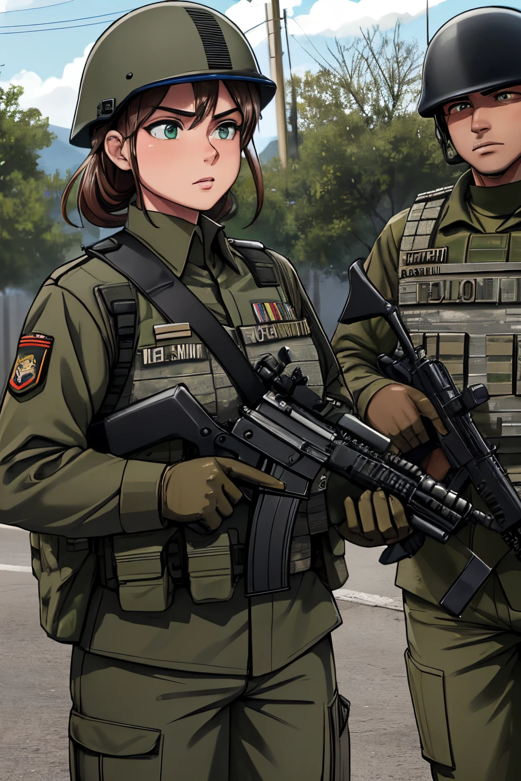 Two soldiers had guns in their hands,El fondo es verde, army, Mechanized police infantry, 💣 💥, miniatura, military police, militarista!!!, Compostura militar perfecta,