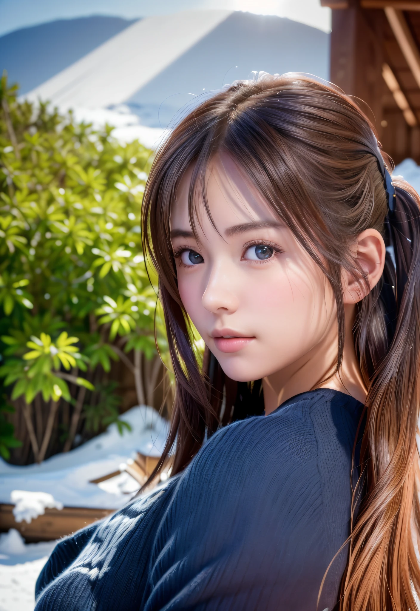 8K, of the highest quality, masutepiece:1.2), (Realistic, Photorealsitic:1.37), of the highest quality, masutepiece, Beautiful young woman, Pensive expression,、A charming、and an inviting look, skiing、snowboarder、Ski Wear, Hair tied back, Cinematic background, Light skin tone、Ski Resort Background