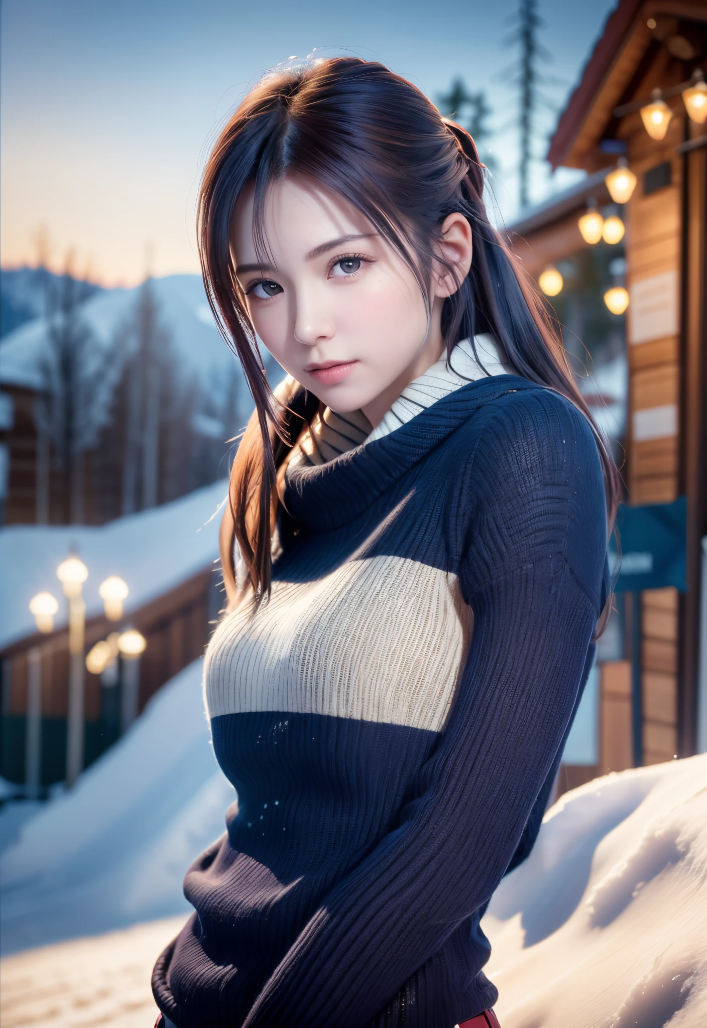 8K, of the highest quality, masutepiece:1.2), (Realistic, Photorealsitic:1.37), of the highest quality, masutepiece, Beautiful young woman, Pensive expression,、A charming、and an inviting look, skiing、snowboarder、Ski Wear, Hair tied back, Cinematic background, Light skin tone、Ski Resort Background