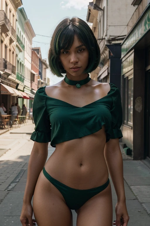 nsfw, bondage costume green, sexy african girl, seduce, vibrant, Bathroom