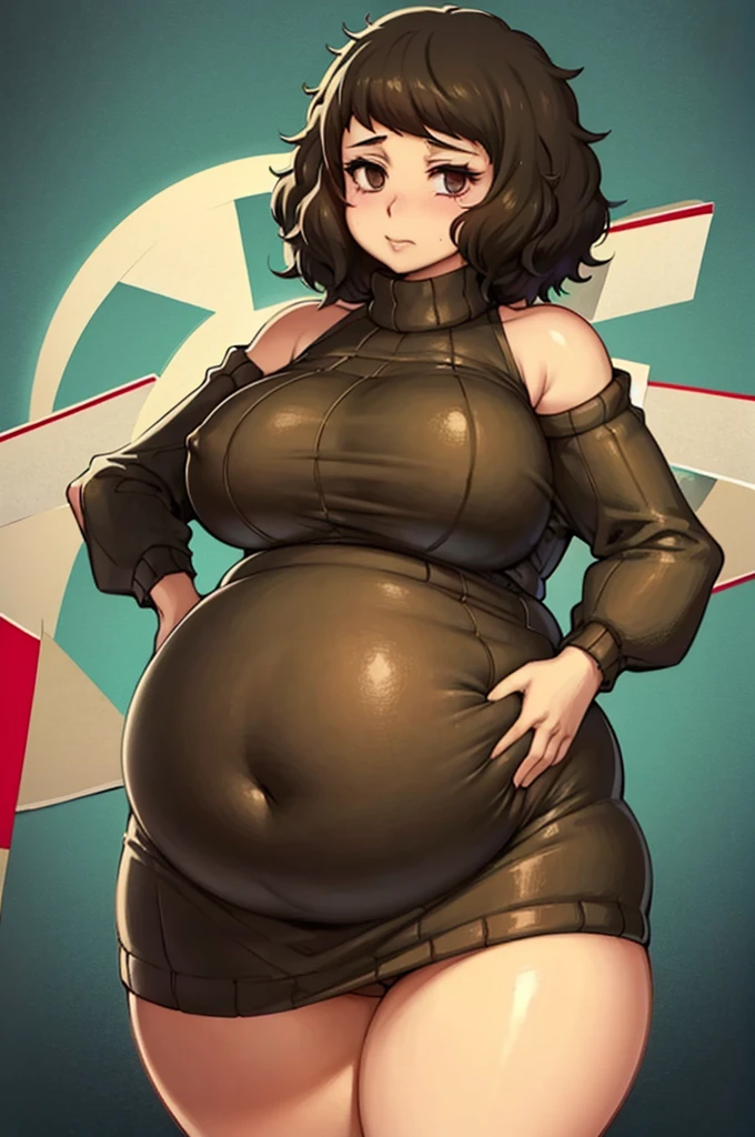 sadayo kawakami, fat, big belly, pregnant, obese, overweight, wearing a sweater christmas