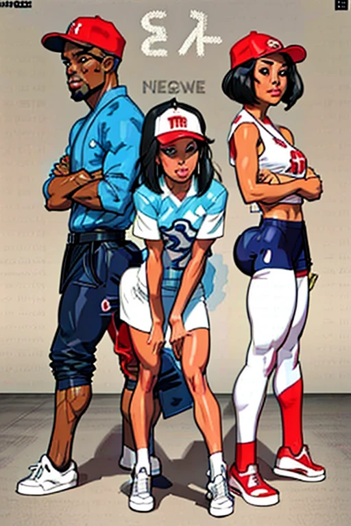 illustration of eight cartoon characters, mixed ethnicity, (afro American, Chinese, white, Indian,) group landscape picture, boys, girls, wearing different primary coloured baseball caps, futuristic clothing , face only, graffiti on wall in background.