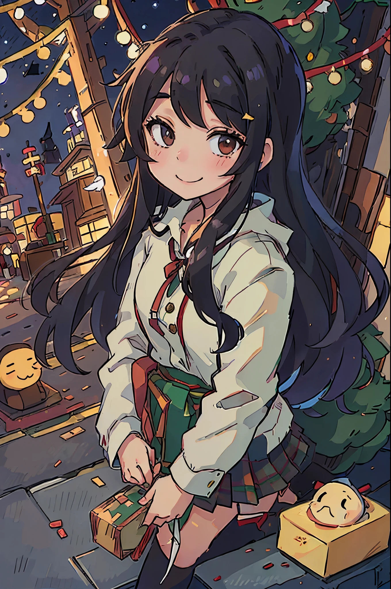 High school girl in uniform、Christmas tree、a smile、yuki、Japanese long black hair、natta、illuminations、street