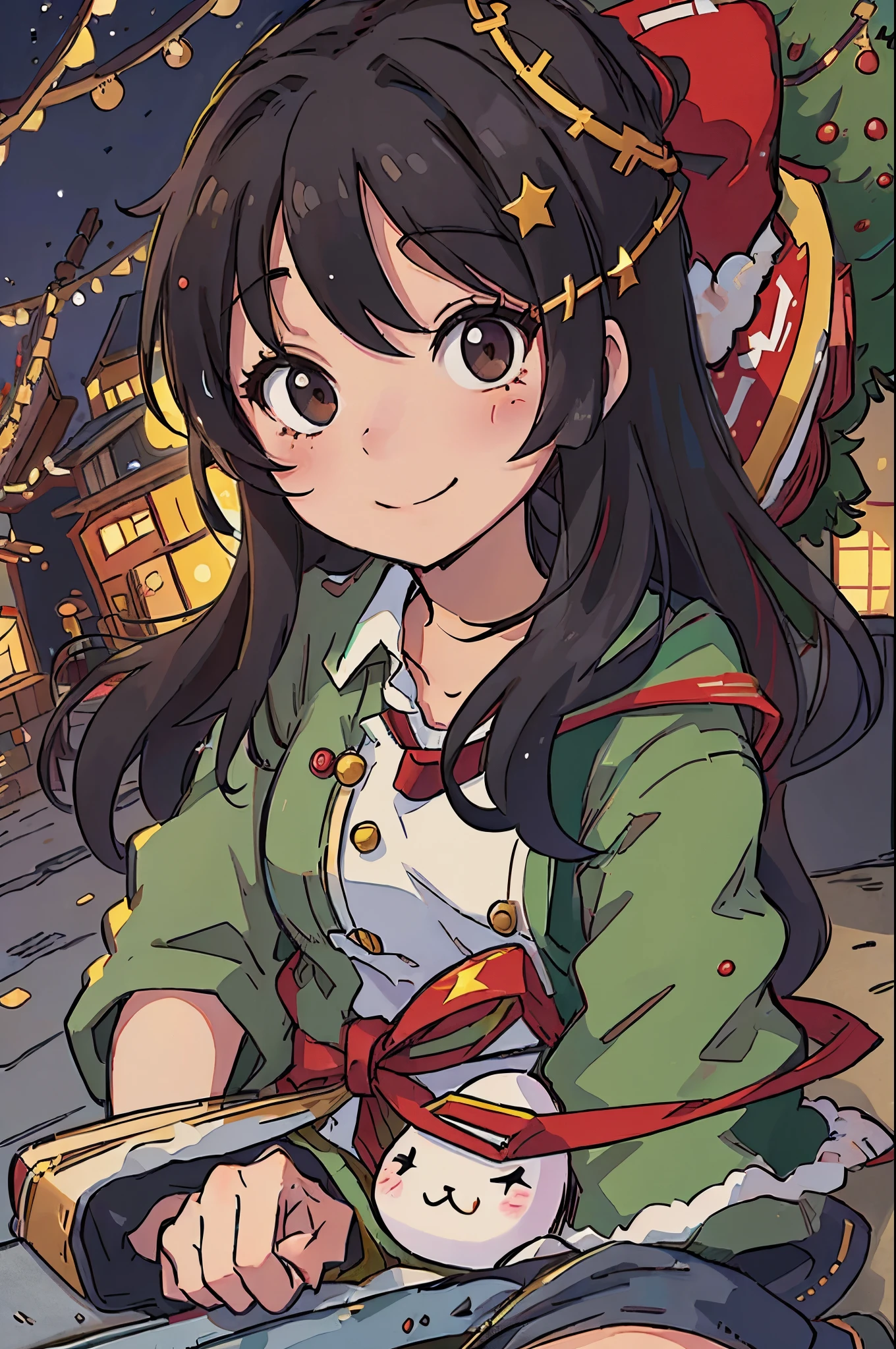 High school girl in uniform、Christmas tree、a smile、yuki、Japanese long black hair、natta、illuminations、street