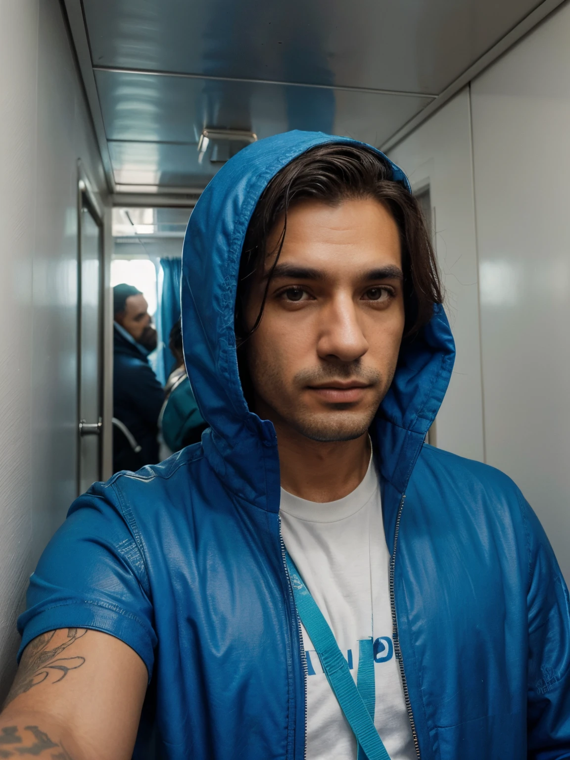 homem arafiado de jaqueta azul tirando uma Selfie em um elevador, em um elevador, vestindo um terno masculino colorido, vestindo um terno azul claro, vestindo uma jaqueta azul, vestindo jaqueta azul, Selfie de um homem, Selfie!!!!! de um homem, Fotografia tirada em 2 0 2 0, vestindo ternos!, imagem de qualidade muito baixa, em frente a um espelho