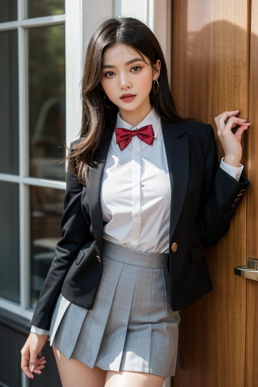 Arya, 1girl in, soio, The long-haired, blue eyes, Ahoge, the bow, look at viewr, Red bow, Suit jacket, bowtie, shortsleeves, breastsout, The shirt, Open jacket, red bowtie, door, Cowboy Shot, Collar shirt, inside, 校服, white  hair, Standing, Open clothes, skirt by the, fringe, doress, Grey jacket, blackdress, red blush, pleatedskirt, Separated lips, medium breasts, pleated dress, white  shirt, hair between eye, White jacket, Hand up, Blazer, Black skirt, thighs thighs thighs thighs, Opened by, runner