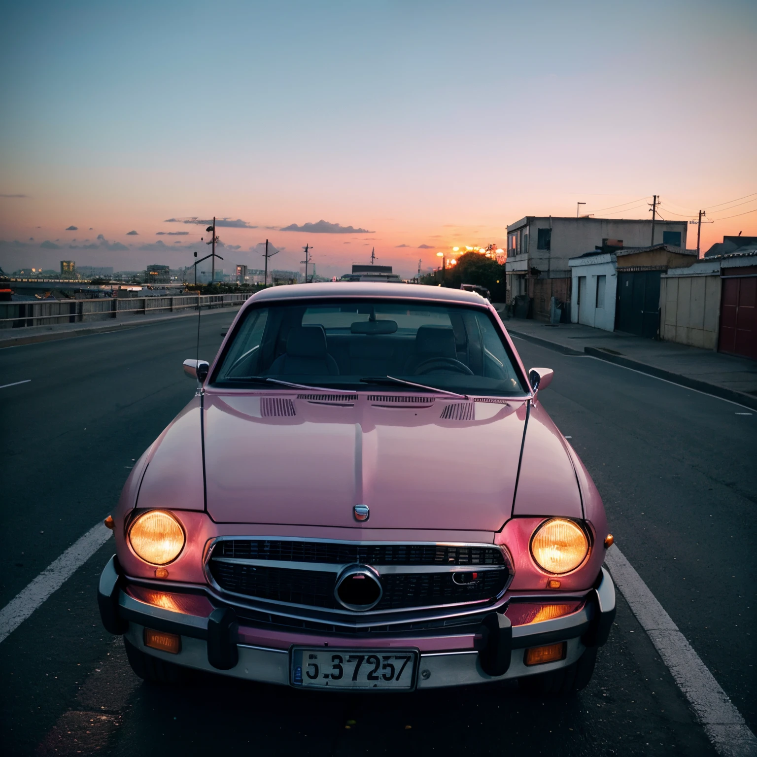 em {Branco|portanto|vermelho|azul|rosa) car is parked by the side of the road :: Pink sunset and city in the background :: 1980 :: Estilo de luxo :: hiperdetalhado : ultra realistic :: cinemactic :: neon lighting :: Motor irreal :: RTX --ar 2:3, (VemZ2113),