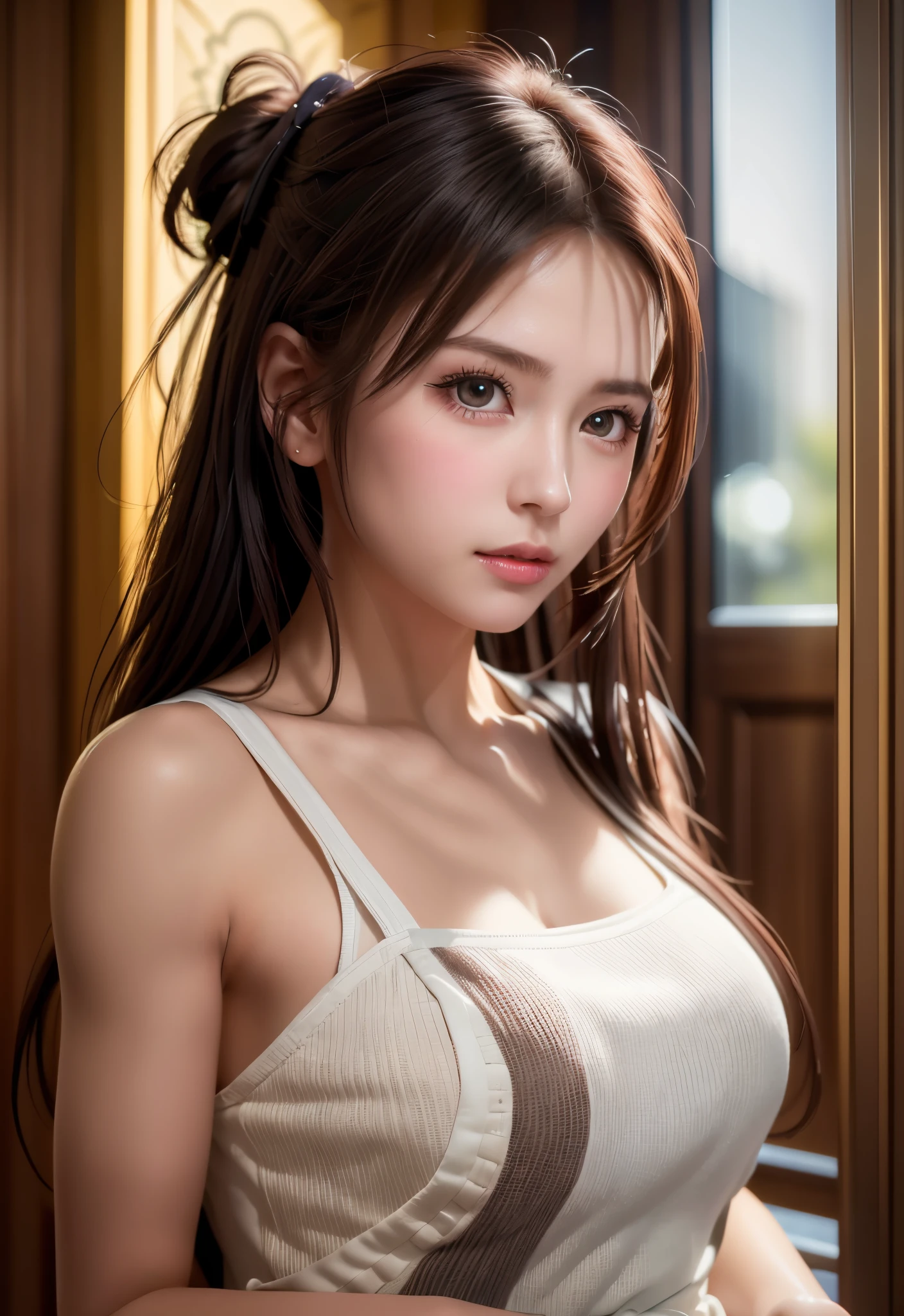 8K, of the highest quality, masutepiece:1.2), (Realistic, Photorealsitic:1.37), of the highest quality, masutepiece, Beautiful young woman, Pensive expression, Gentle eyes, Apron naked、Lovers、Hair tied back, Messy mood, Cinematic background,  Light skin tone