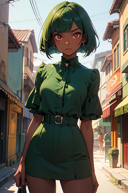 (masterpiece:1.2, best quality), emerald sustrai, 1girl, dark-skinned female, green hair, bob cut, classic outfit, red eyes, halterneck, solo, detailed face, ultra detailed eyes, looking at viewer, (cowboy shot), busy street, summer afternoon