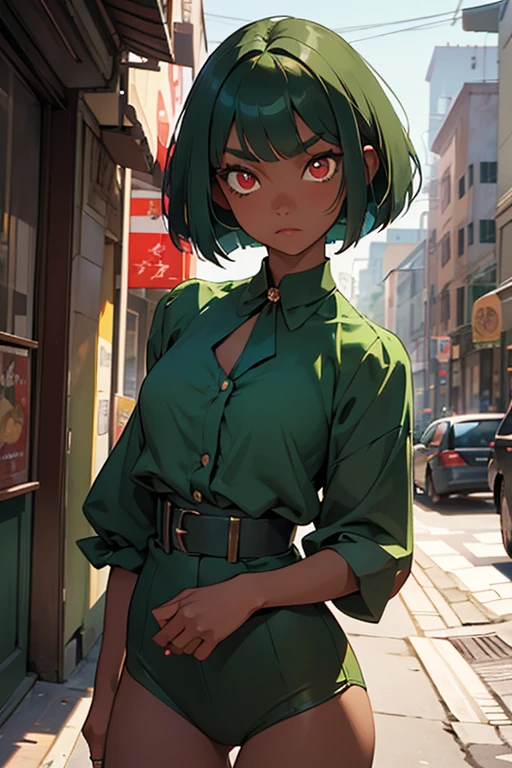 (masterpiece:1.2, best quality), emerald sustrai, 1girl, dark-skinned female, green hair, bob cut, classic outfit, red eyes, halterneck, solo, detailed face, ultra detailed eyes, looking at viewer, (cowboy shot), busy street, summer afternoon