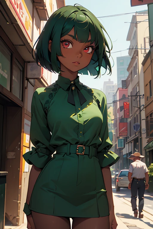 (masterpiece:1.2, best quality), emerald sustrai, 1girl, dark-skinned female, green hair, bob cut, classic outfit, red eyes, halterneck, solo, detailed face, ultra detailed eyes, looking at viewer, (cowboy shot), busy street, summer afternoon