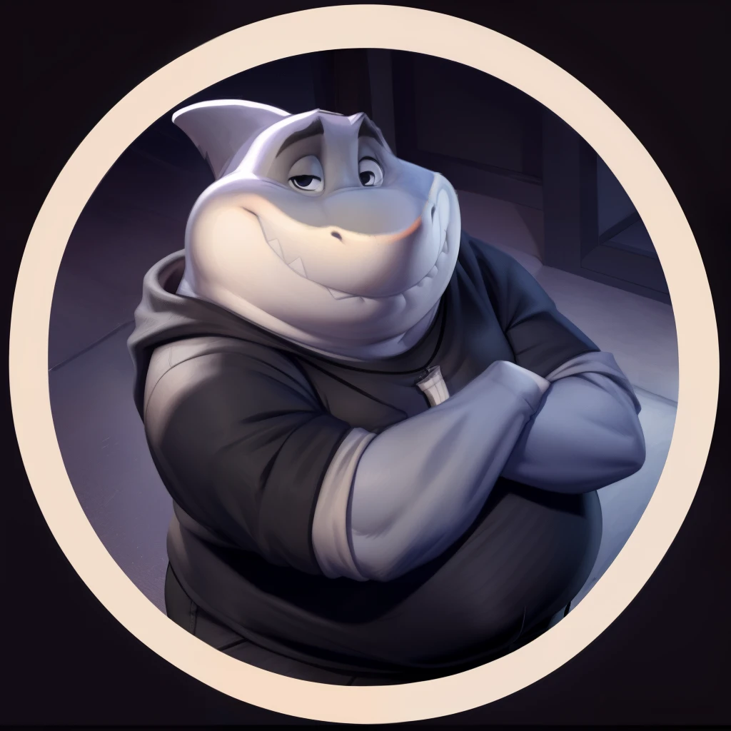 mr shark, plump, fat, belly, black eyes, (pose:1.3), (posing:1.3), (soft shading), 4k, hi res, five fingers, detailed hands, ((detailed face, (detailed eyes:1.0), detailed)), (full body), by zackarry911, by zaush, (by personalami:0.5), looking at viewer, shirt, 1boy, black hooded sweater, hood down showing face, black pants, dark blue shoes, male focus, pants, black shirt, gray sport pants, giant head, huge head, big head