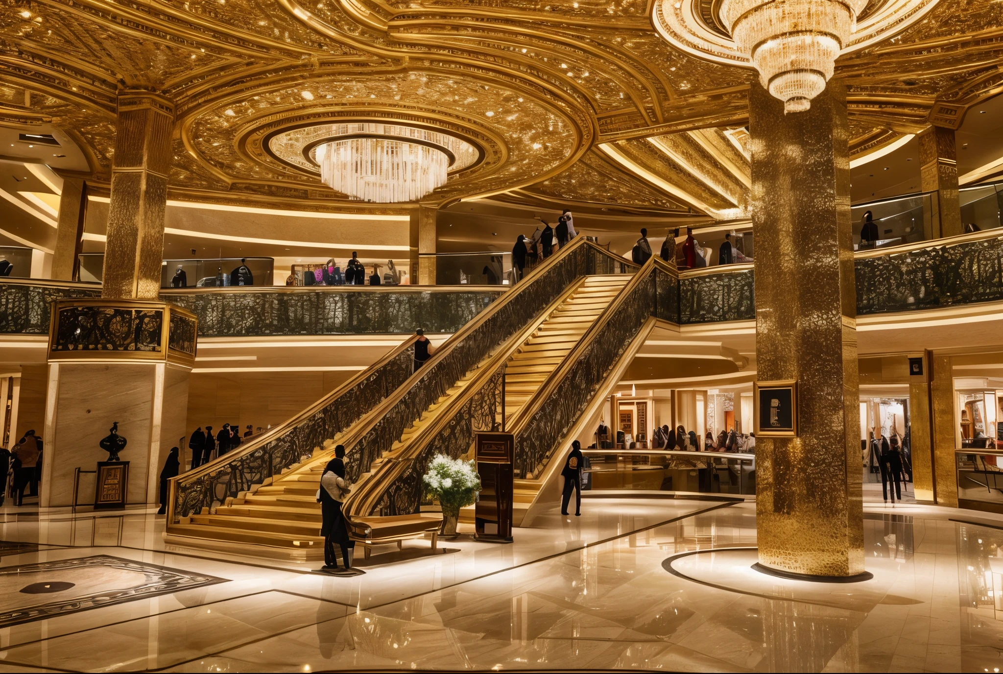RAW photo,Masterpiece, high quality, best quality, authentic, super detail, Interior, luxury style shopping mall, lavish decorations, masterpieces, elevators, large chandeliers, many world famous brands, many people, bustling. The interior lighting is soft and luxurious