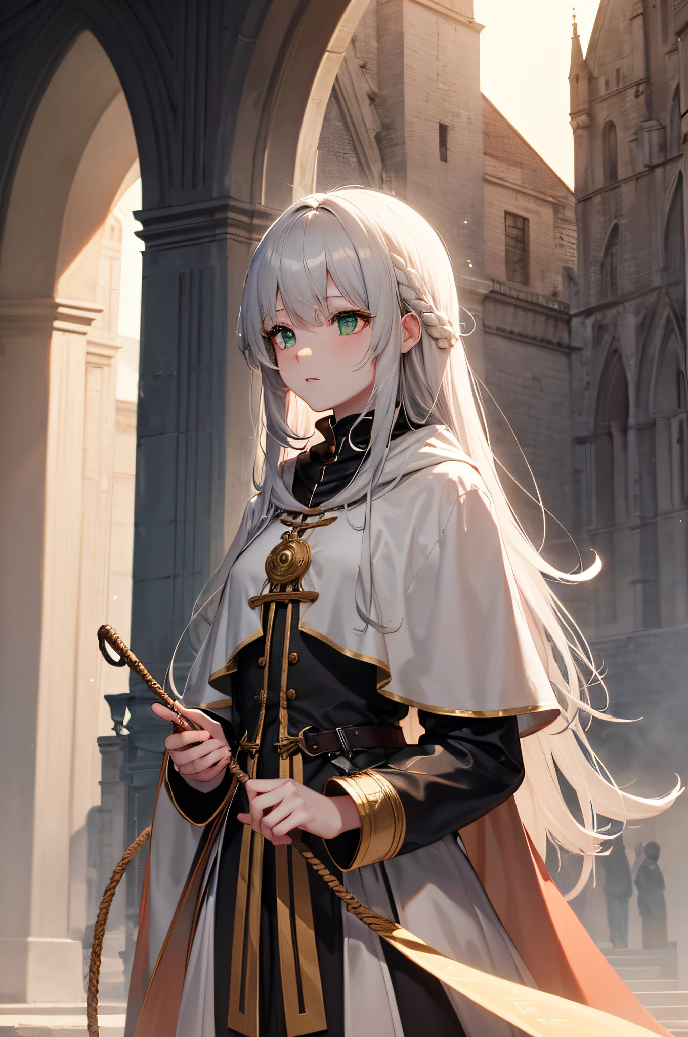 4K,hight resolution,One Woman,cream colored Hair,Longhaire,Green eyes,Sister,gray sacred rope,gray sacred armor,Gray hood,Medieval cities,the setting sun