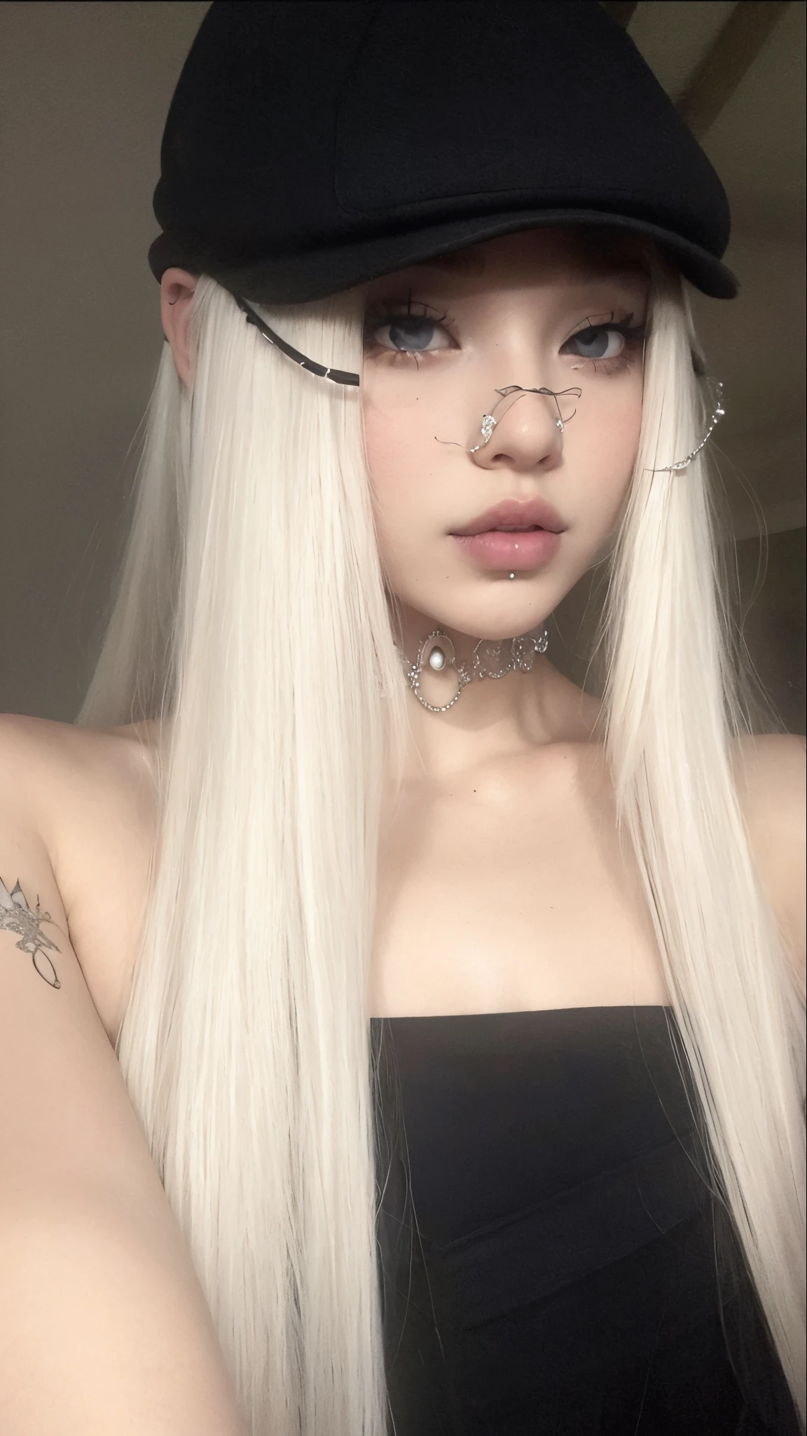 blonde woman with piercings and black hat posing for a photo, longos cabelos brancos e franja, com longos cabelos brancos, com cabelos longos brancos, cabelos brancos intensos, her hair is white, menina perfeita de cabelos brancos, cruel korean goth girl, franja branca, branco hime corte penteado, cabelo whitebangs cabelo, cabelos lisos longos e brancos, cabelos longos platinados;, cabelos brancos prateados