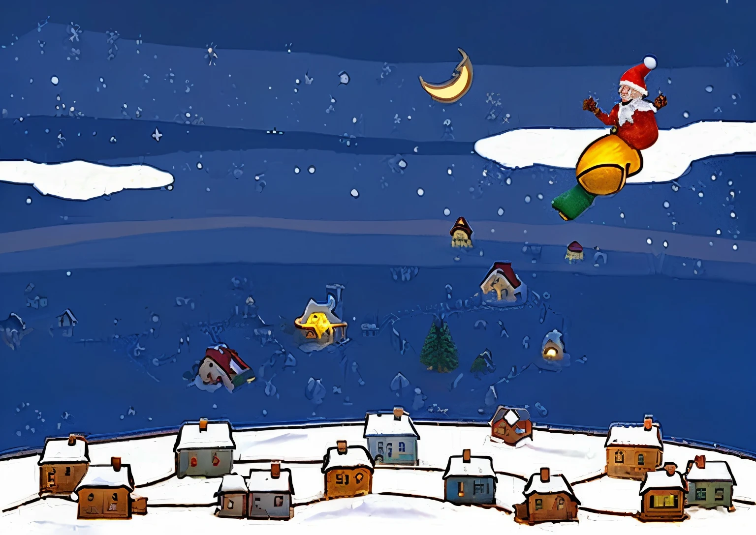 Christmas Village: A charming snowy village with quaint houses, decorated streets, and a picturesque view of the night sky. realistic, art, digital