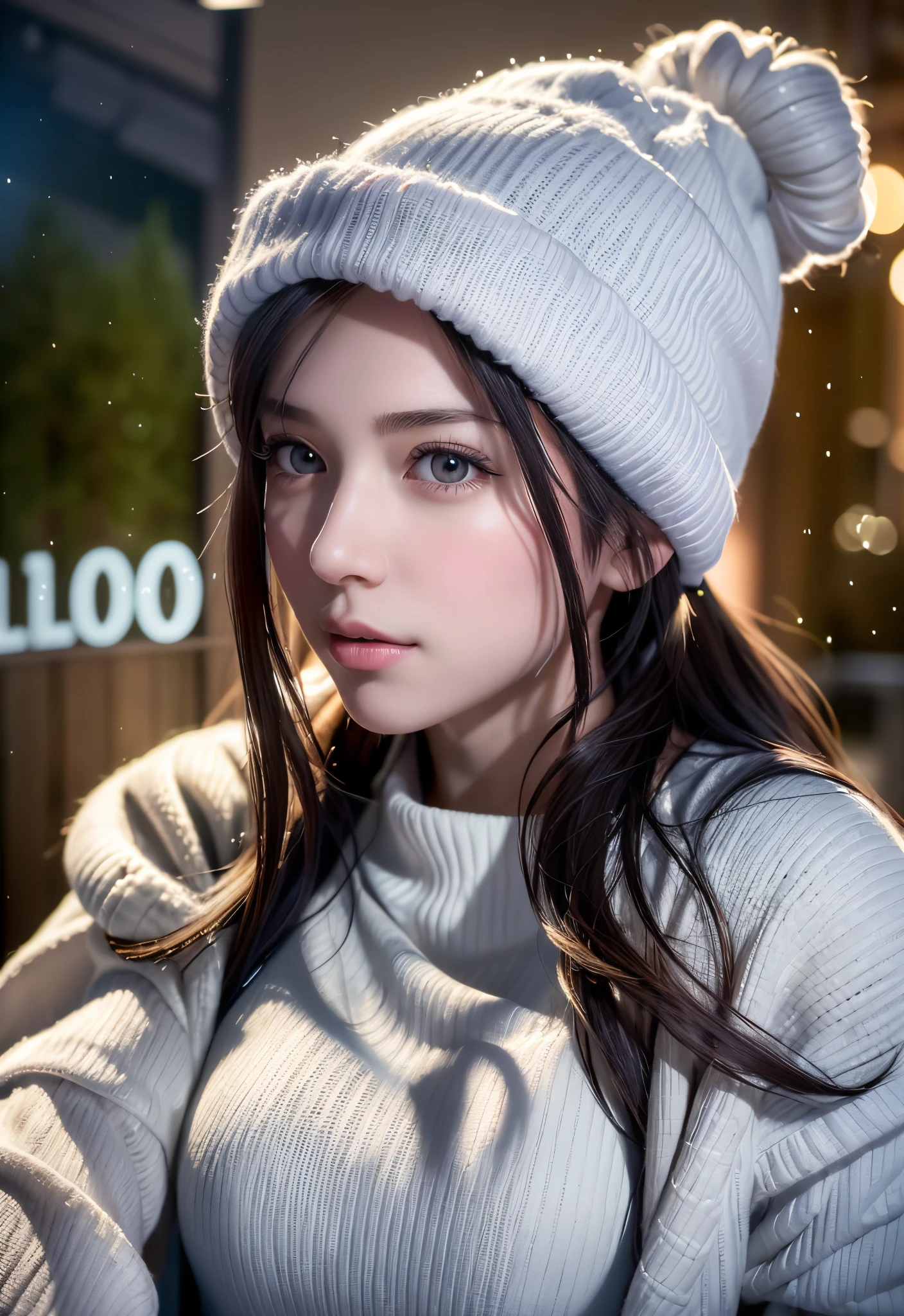 8K, of the highest quality, masutepiece:1.2), (Realistic, Photorealsitic:1.37), of the highest quality, masutepiece, Beautiful young woman, Pensive expression,、A charming、and an inviting look, skiing、snowboarder、Ski Wear, Hair tied back, Cinematic background, Light skin tone、Ski Resort Background