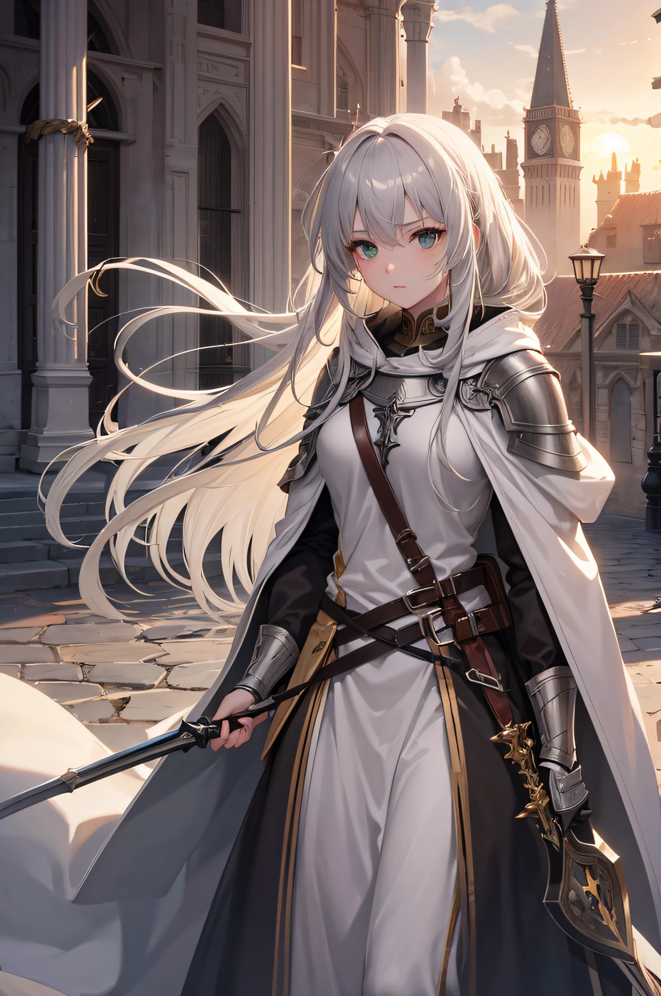 4K,hight resolution,One Woman,cream colored Hair,Longhaire,Green eyes,Sister,gray sacred rope,gray sacred armor,Gray hood,Longsword,Medieval cities,the setting sun