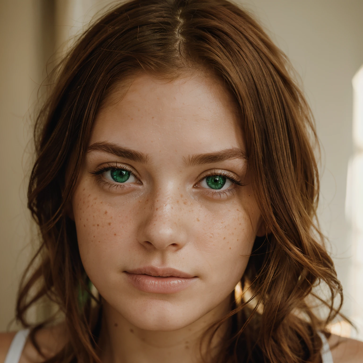 Close up of a brown haired European girl with freckles and cum on her face. Straight face, no smile, green eyes.