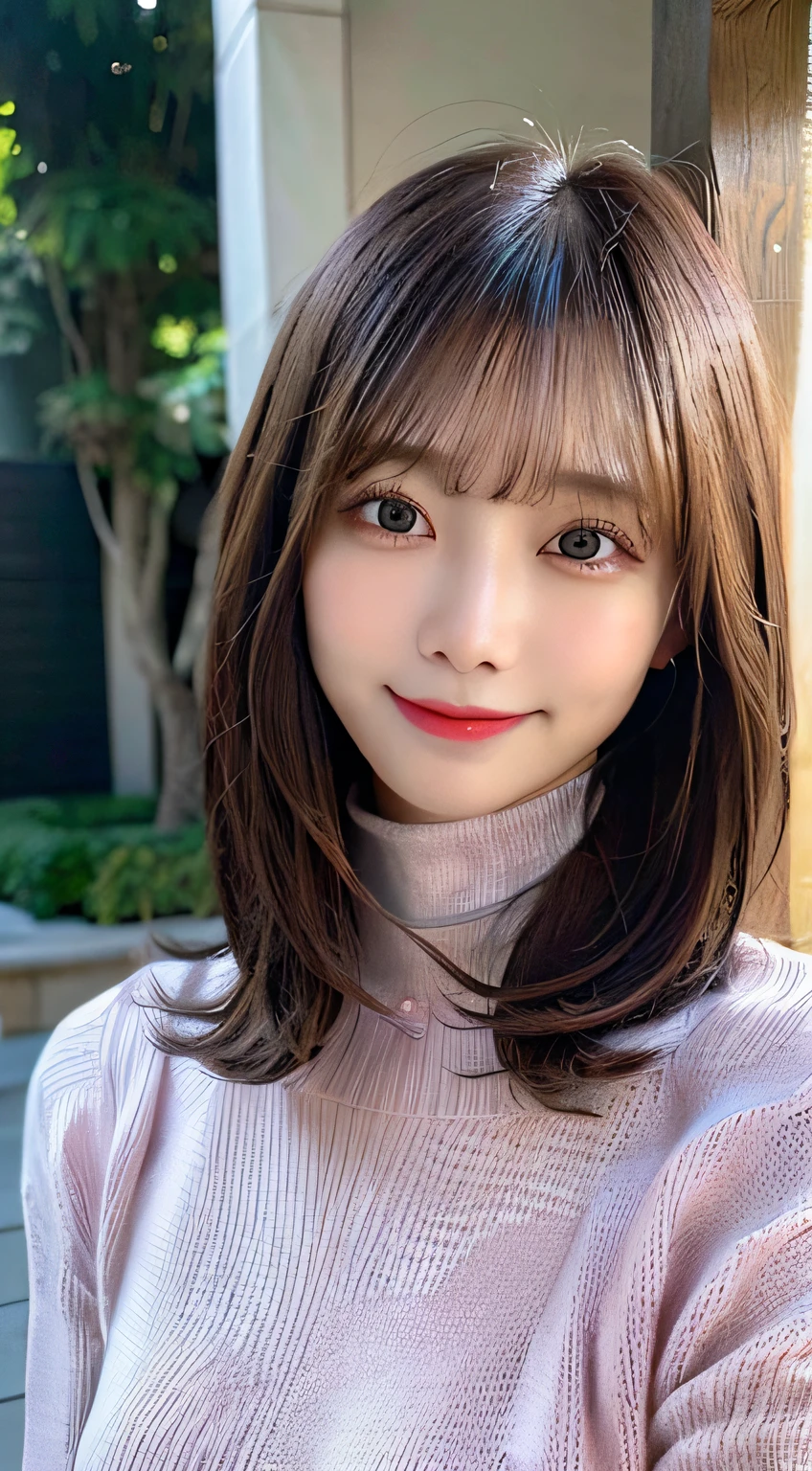 Best Quality, Real Stick, Ultra-detailed, finely detail, hight resolution, in 8K、Wallpaper, Perfect dynamic composition, Beautiful detailed eyes, pink turtleneck knit, Bob Hair, Medium Hair,straight haired, Bangs, A dark-haired, mid-chest, Natural Color Lip, The orientation of the body is frontal,Smile,Tower Mansion