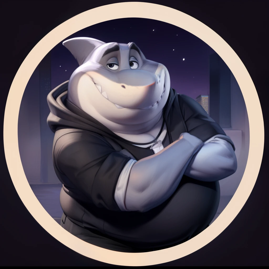 mr shark, plump, fat, belly, black eyes, (pose:1.3), (posing:1.3), (soft shading), 4k, hi res, five fingers, detailed hands, ((detailed face, (detailed eyes:1.0), detailed)), (full body), by zackarry911, by zaush, (by personalami:0.5),  looking at viewer, shirt, 1boy, black hooded sweater, hood down showing face, black pants, dark blue shoes, male focus, pants, black shirt, gray sport pants, giant head, huge head, big head