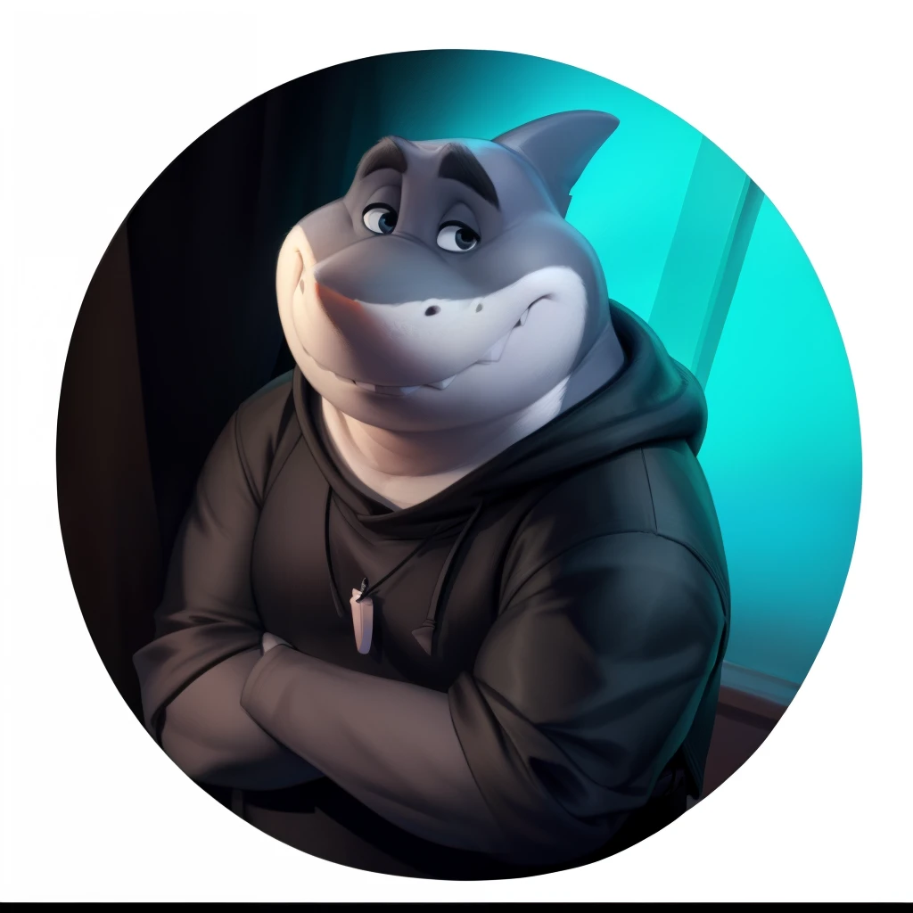mr shark, plump, fat, belly, black eyes, (pose:1.3), (posing:1.3), (soft shading), 4k, hi res, five fingers, detailed hands, ((detailed face, (detailed eyes:1.0), detailed)), (full body), by zackarry911, by zaush, (by personalami:0.5), looking at viewer, shirt, 1boy, black hooded sweater, hood down showing face, black pants, dark blue shoes, male focus, pants, black shirt, gray sport pants, giant head, huge head, big head
