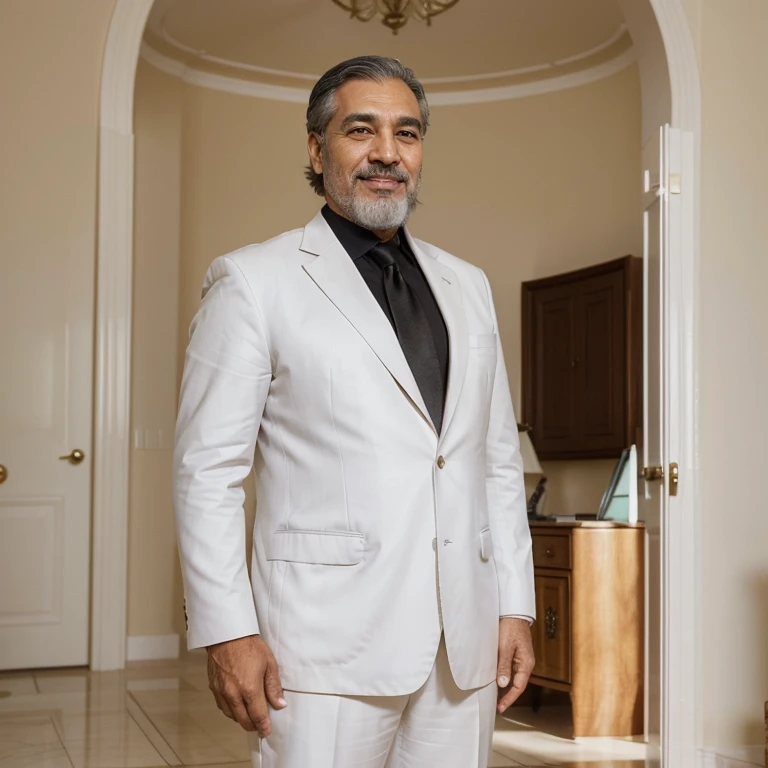 In a gracefully adorned room with pristine white walls, we find ourselves in the presence of a distinguished man, a social-democratic Arab president. With a warm smile illuminating his face, this 57-year-old leader showcases his resolute character and unwavering dedication to his nation. His rich, dark complexion speaks of his roots, serving as a testament to his connection with his people and their struggles. As the camera captures the essence of his leadership, his silver-haired crown and beard, groomed to perfection, portray wisdom and experience. Dressed in a tailored Black suit and a tasteful tie, he exudes an air of elegance and professionalism. This photo is more than just an official representation; it symbolizes the hopes and aspirations placed on his capable shoulders. As he stands tall and confident, the room seems to echo with the sounds of progress and equality that he tirelessly advocates for. This image encapsulates the essence of a man who navigates the complexities of politics with grace, aiming to create a better future for his nation and its citizens.