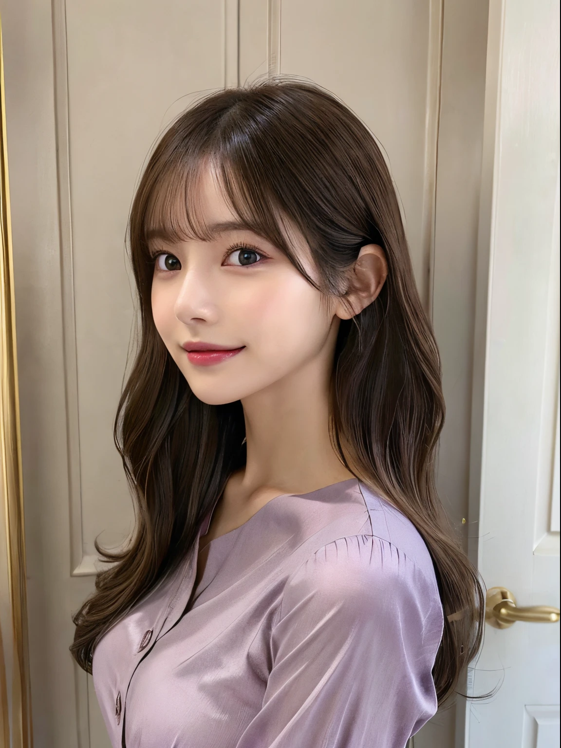 One-person viewpoint, (masutepiece:1.3), High resolution, ultra-detailliert, the Extremely Detailed CG Unity 8K Wallpapers, Realistic, Photorealsitic, Raw photo, beautifull detailed face, pale skin, realistic glistening skin, Detailed Cloth Texture, detailed hair texture, Perfect body, Beautiful face, 准确, Anatomically correct, Highly detailed face and skin texture, Natural neck length, (Beautiful hands), (Fair skin:1.2), Detailed eyes, symmetrical eye, Light brown eyes, Double eyelids, Thin eyebrows, (Glossy lips:1.4), ((gently smiling:1.2)), (blush:1.1),(Classy and cute girl:1.3), (Wear elegant clothes (Light purple) Button shirt:1.2),Close the button,Smaller chest,Beautiful collarbone, (Dark blonde hair, Wavy Hair, Long hair:1.2), ((asymmetrical bangs:1.2)), A dark-haired、Medium hair、straight haired、white walls、Taken in front of the white door、Poses variadas、profile、(Dark brown hair)、 (8K)、Shot in natural light、(Beautiful profile:1.3)