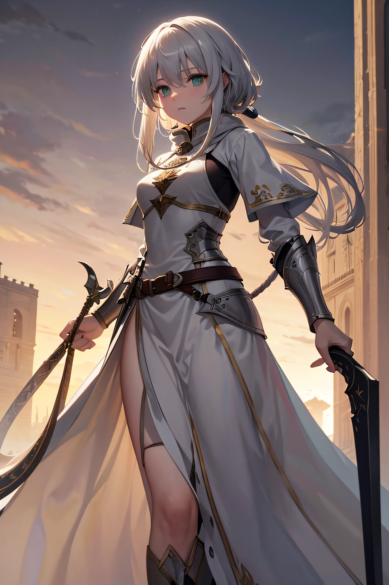 4K,hight resolution,One Woman,cream colored Hair,Longhaire,Green eyes,Sister,gray sacred rope,gray sacred armor,Gray hood,Longsword,Medieval cities,the setting sun